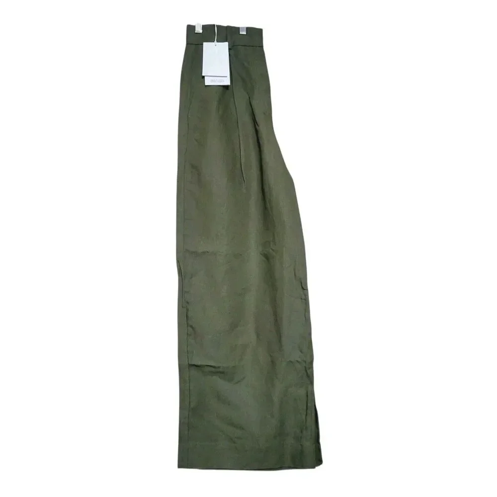 COS Size 4 NWT High Rise Wide Leg Pleated Linen Bl Pants Neutral Solid Green